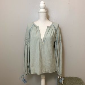 FRYE Stripe Smock Slub Stone Blue V-neck Top